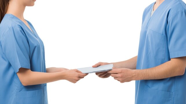 Two medical professionals exchange a document