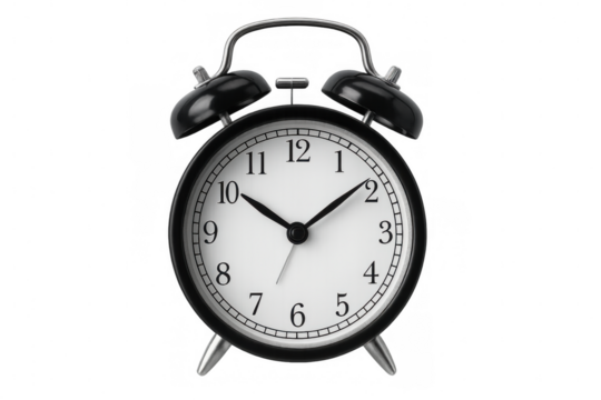 Classic black alarm clock displaying time against a transparent background, perfect for time management and scheduling visuals