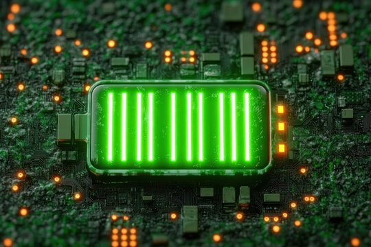 Glowing green battery icon displayed on a detailed black circuit board with illuminated orange lights indicating power and energy flow