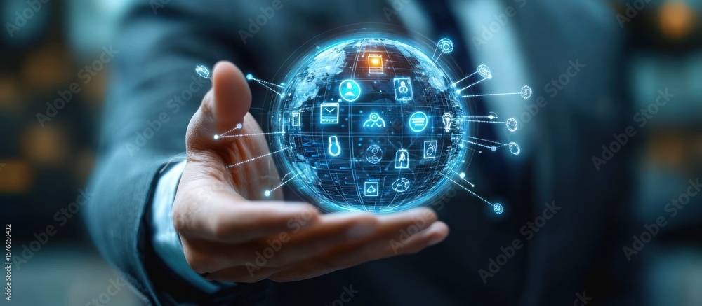 Poster close-up of a businessperson in suit holding a glowing digital globe with various connected technolo