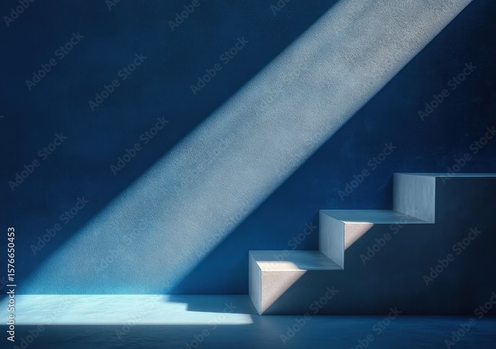 Poster minimalist empty staircase bathed in bright soft light casting strong shadows against a textured dee
