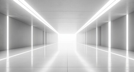 Fototapeta premium Empty futuristic white hallway with glossy tiled floor and vertical light strips creating a tunnel effect leading to bright glowing exit