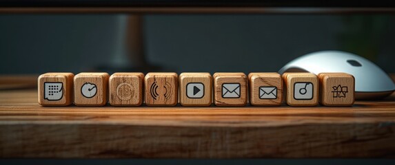Wooden blocks with various digital and communication icons lined up on a wooden desk with a white computer mouse in the background, evoking a tech and productivity theme