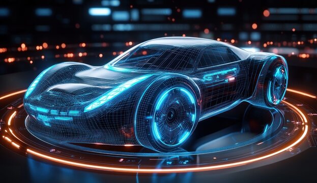 Futuristic sleek sports car with glowing blue wireframe and vibrant neon orange circular base in a digital high-tech environment - Powered by Adobe