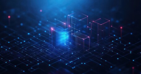 Futuristic digital grid with glowing blue and pink neon lines forming abstract holographic skyscraper shapes conveying advanced technology and connectivity