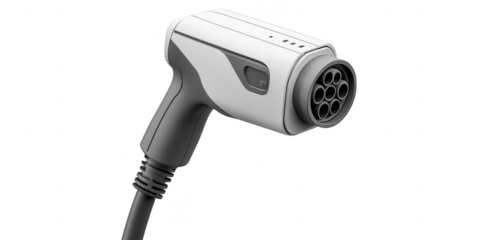 Electric vehicle charger handle closeup on transparent png photo
