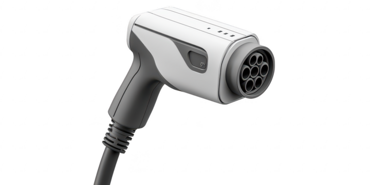 Electric vehicle charger handle closeup on transparent png photo