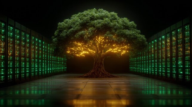 Digital Ecosystem: An evocative image portraying a lush, vibrant tree thriving in the heart of a data center, symbolizing the growth and interconnectedness of digital ecosystems.