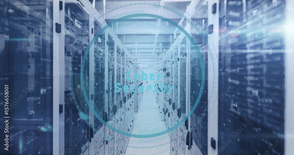 Poster showing server racks lining narrow data center corridor, with glowing cyber security interface