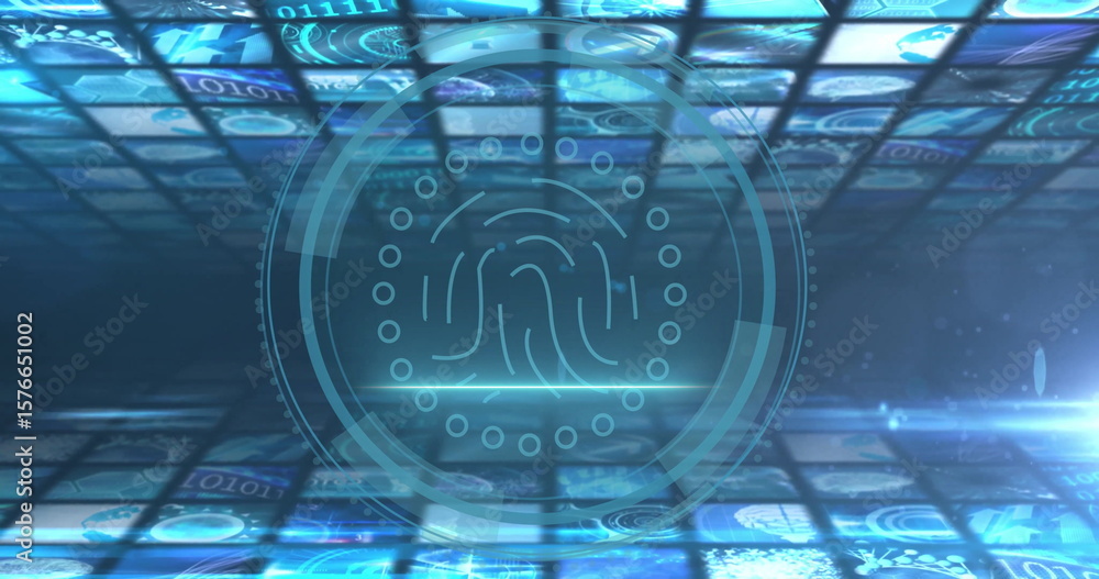 Aufkleber hovering central fingerprint icon in data hub with holographic rings, light beam, binary grid