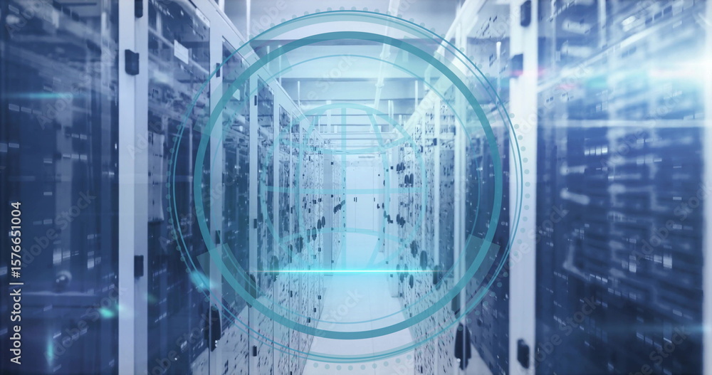 Poster displaying teal overlay monitoring network inside data center, with server racks and blinking leds