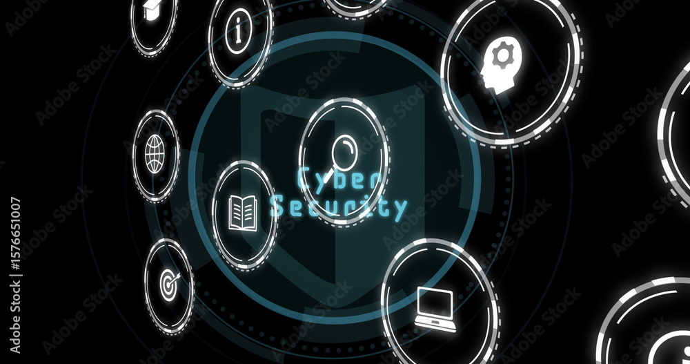 Poster displaying central shield icon with cyber security text on dark background, with circular icons