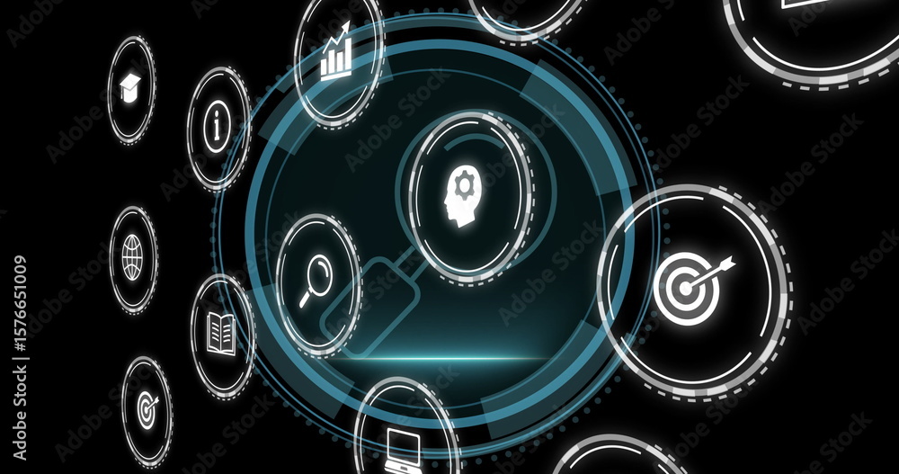 Poster showing central circular ui glowing on screen with icons for search, thinking, analytics