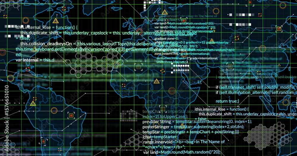 Poster displaying neon-blue world map outline scanning on dashboard, with code snippets warning icons