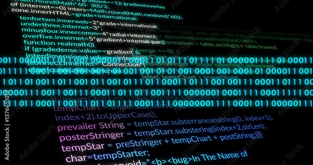 Poster displaying cyan binary stream flowing across dark-mode computer screen, with green and purple code
