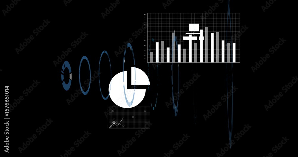 Poster displaying white pie chart on dashboard, with bar chart, line plot, rings and waveform lines