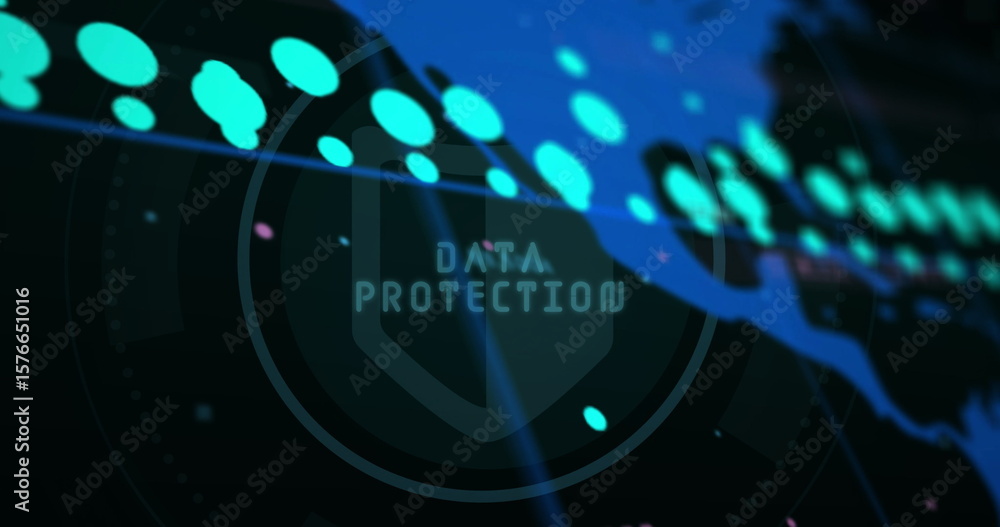 Poster floating shield icon and data protection text drifting over network interface with teal nodes