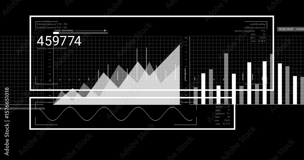 Poster displaying graphical dashboard panel at control interface, with charts, numeric counter, timestamp