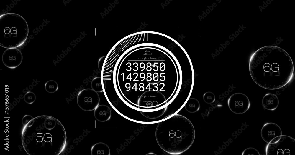 Poster floating 6g and 5g spheres orbiting central hud interface in black digital space, with numeric data