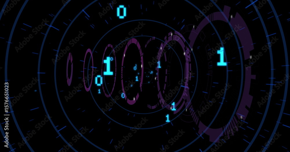 Poster digital tunnel with concentric rings, radial grid spinning in virtual space with aqua binary digits