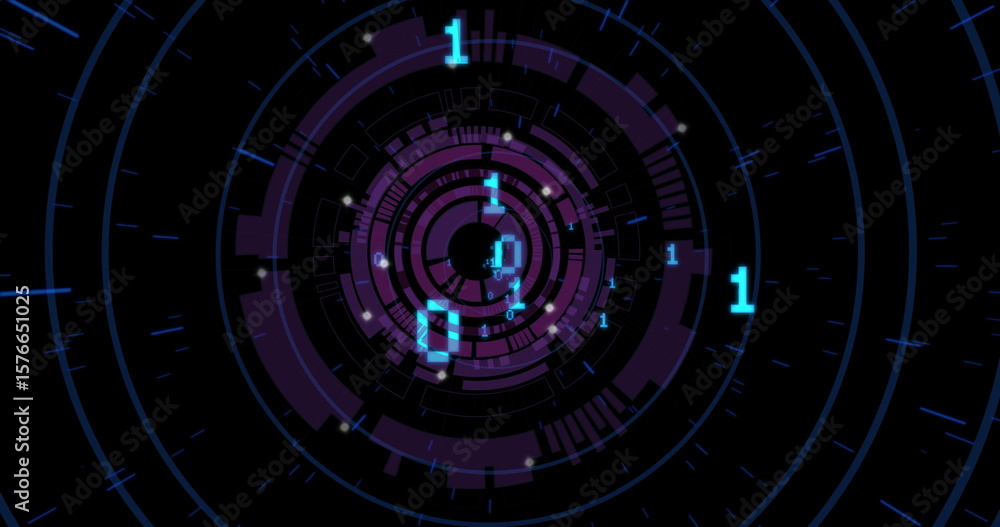 Poster Rotating central digital rings revealing binary code in virtual data HUD, with glowing data nodes