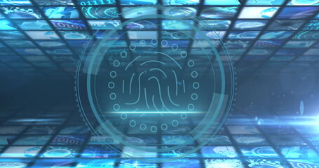Hovering central fingerprint icon in data hub with holographic rings, light beam, binary grid