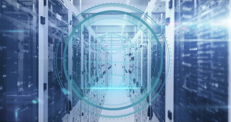 Displaying teal overlay monitoring network inside data center, with server racks and blinking LEDs