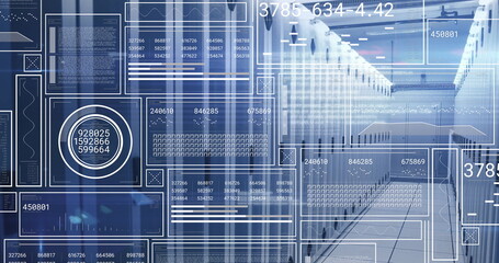 Stretching white server cabinets lining secure data center corridor, with numeric display overlays