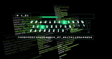 Floating keyboard showing version label and progress bar in digital space, code and numeric string