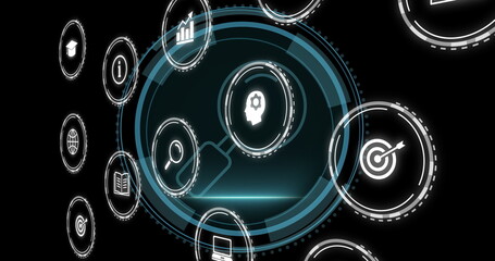Showing central circular UI glowing on screen with icons for search, thinking, analytics