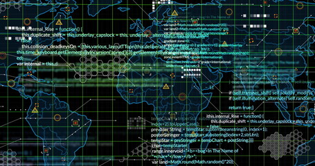 Displaying neon-blue world map outline scanning on dashboard, with code snippets warning icons