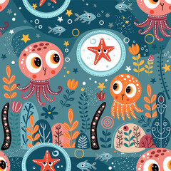 Octopuses, starfish and fish swim in the ocean against the backdrop of beautiful plants. Seamless vector pattern