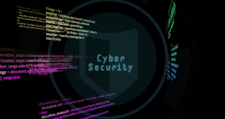 Displaying shield icon protecting data in cybersecurity dashboard, with code snippets and data bars