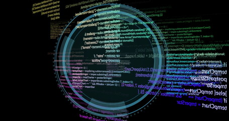 Floating glowing circular HUD interface with rings and nodes in void, with JavaScript code columns