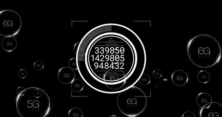Floating 6G and 5G spheres orbiting central HUD interface in black digital space, with numeric data