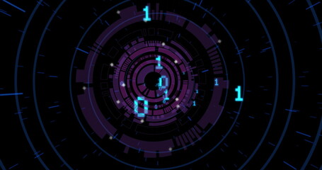 Rotating central digital rings revealing binary code in virtual data HUD, with glowing data nodes