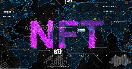 Displaying textured magenta NFT letters on digital world map HUD, with data nodes and warning icons