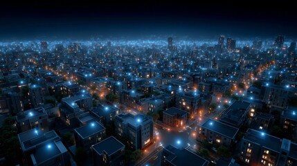 Night Cityscape: A mesmerizing aerial view of a sprawling city at night, illuminated by countless lights creating a breathtaking, futuristic atmosphere.