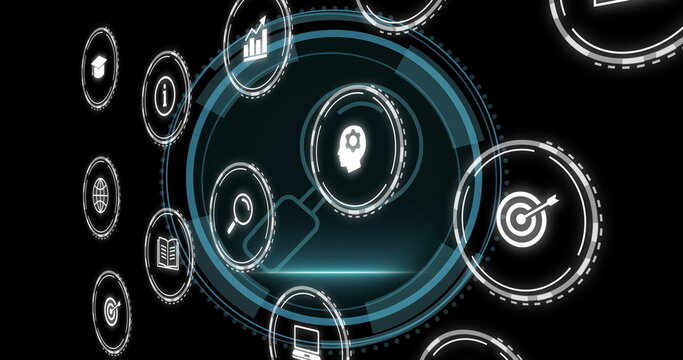 Showing central circular UI glowing on screen with icons for search, thinking, analytics - Powered by Adobe