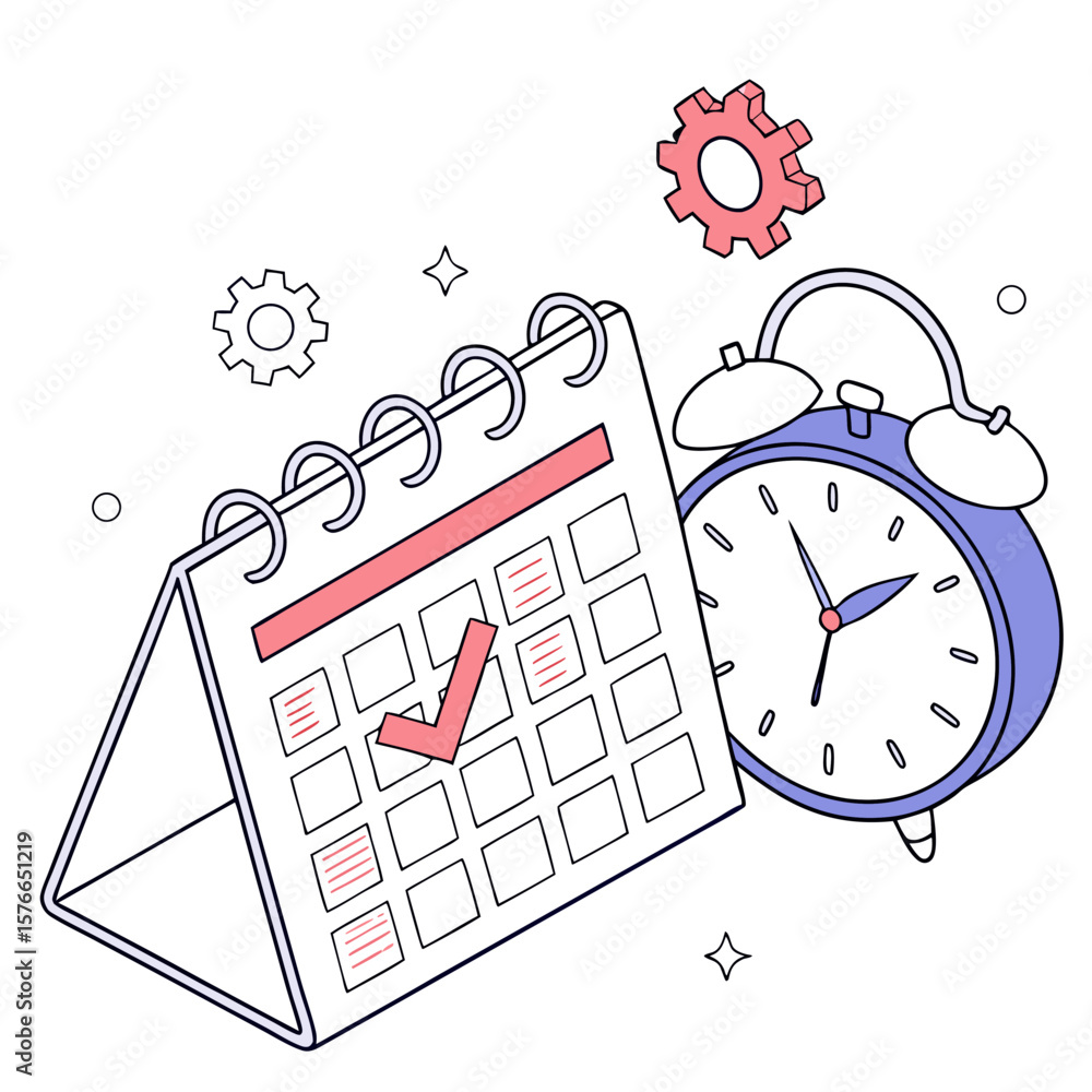 Poster conceptual illustration of time management and planning with a desk calendar featuring a checkmark a