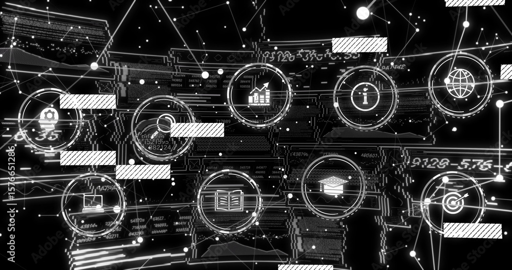 Poster floating circular ui icons connecting data lines in virtual space matrix, with glitch bars overlay