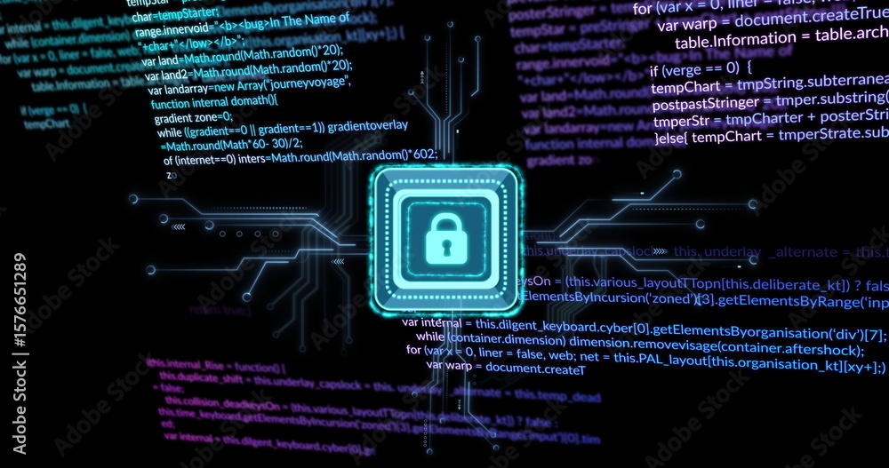 Poster glowing neon teal padlock icon within square frame radiating circuit lines, with code snippets