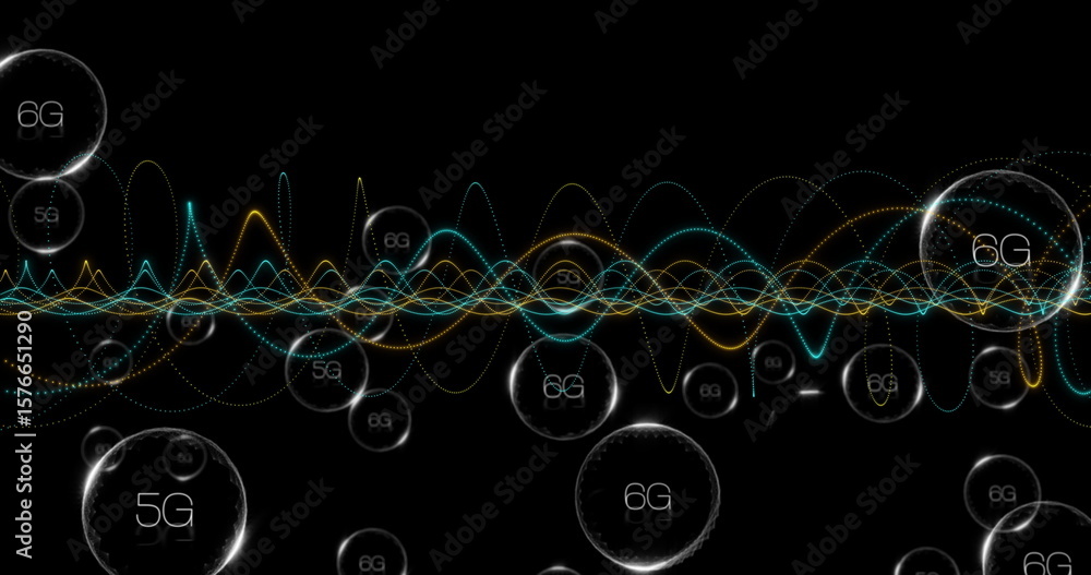Poster undulating waveform lines flowing in virtual network platform, with floating 5g and 6g spheres