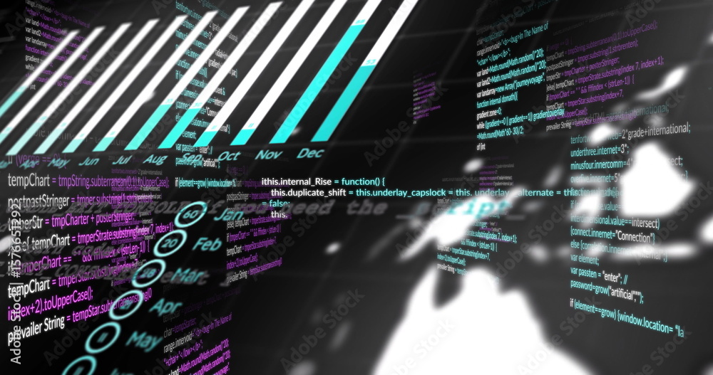 Poster displaying code and world map in virtual environment, with bar graph date indicators and overlays