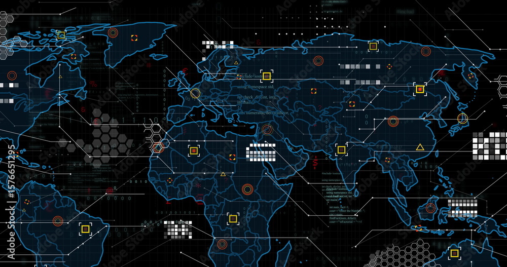 Poster displaying glowing blue world map outline animating across digital grid, with colored data markers