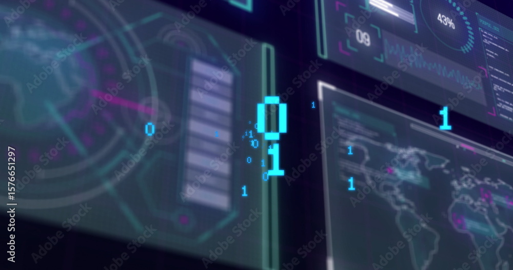 Poster floating blue binary digits drifting across control station panels, with bar chart and map modules