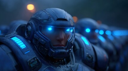 Futuristic Military Unit: A squadron of futuristic soldiers, clad in advanced tactical gear and illuminated with vibrant blue light, stands at attention, ready for action.