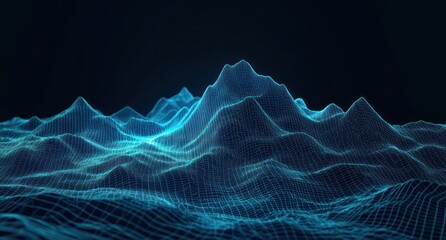 Glowing blue digital wireframe mountain range with peaks and valleys on a dark background, representing futuristic 3D data landscape visualization