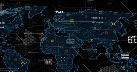 Displaying glowing blue world map outline animating across digital grid, with colored data markers