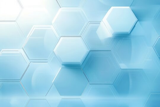 Light blue translucent hexagonal tiles with varying depths creating a smooth geometric honeycomb pattern evoking a modern and clean atmosphere - Powered by Adobe